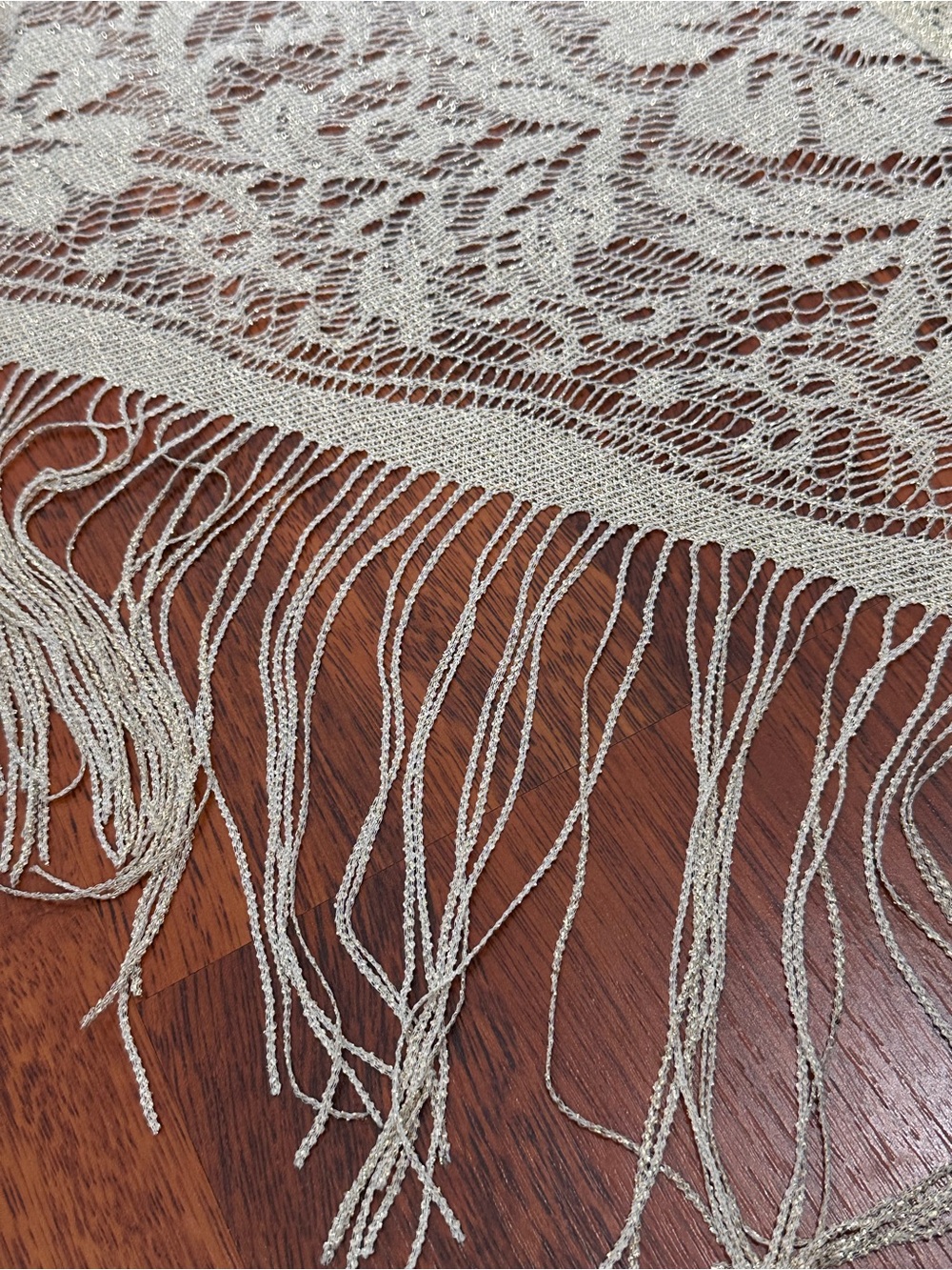 Bohemian Fringe Open-Front Knit Pashmina - Gold/Beige Floral pattern. Festival. - Picture 8 of 11